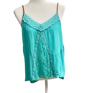 Miss Me Cami Feminine Tank Teal Sz Lg Lace & Crochet Detail Adjustable Straps